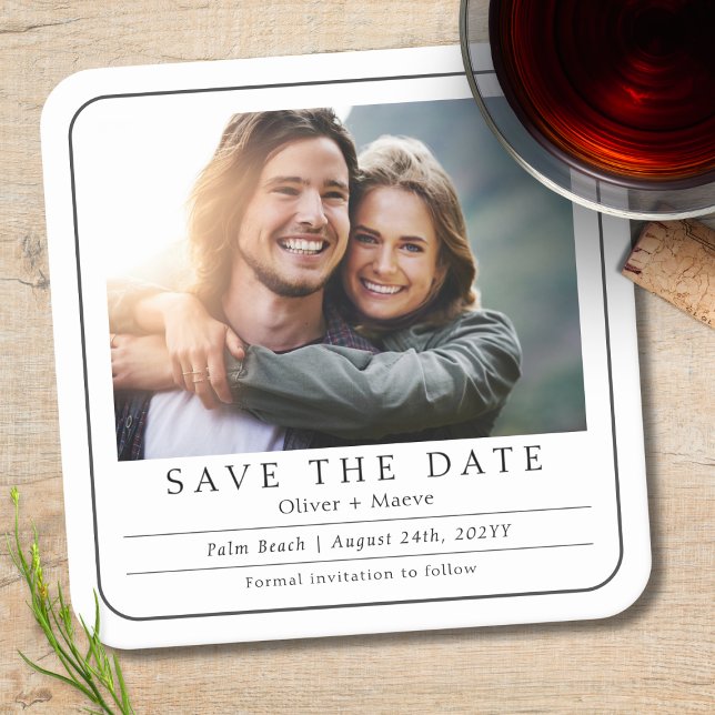 Minimal Modern Photo Black White Save The Date Square Paper Coaster (Creator Uploaded)