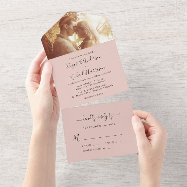 Minimal Modern Photo Blush Wedding All In One Invitation (Tearaway)