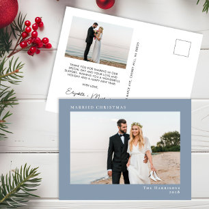 Minimal Modern Photo Married Christmas Dusty Blue Holiday Postcard