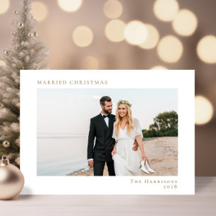 Minimal Modern Photo Married Christmas White Gold Holiday Card