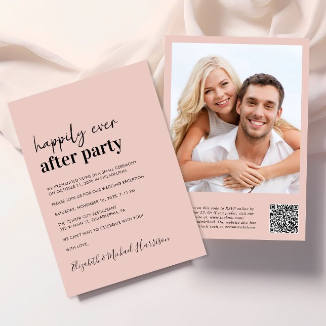 Minimal Modern Photo QR Code Wedding Reception Invitation (An chic Happily Ever After Party all-in-one invitation for your wedding celebration)