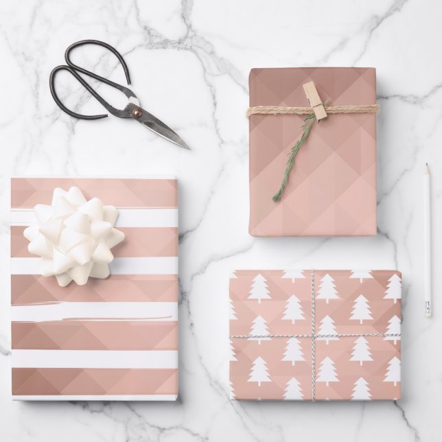 Minimal modern pink gold stripes xmas tree  wrapping paper sheet (Front)