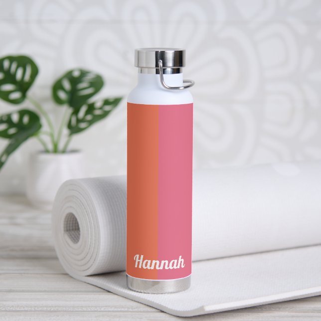 Minimal Modern Pink Orange Stripes Personalised  Water Bottle (Yoga)