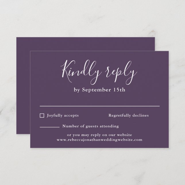 Minimal Modern Purple Script Wedding RSVP Card (Front/Back)