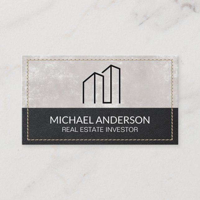 Minimal Modern Real Estate Logo | Stitched Leather Business Card (Front)