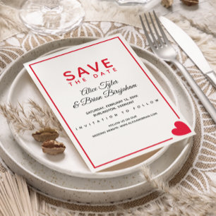 Minimal Modern Red Heart Valentine Wedding Save The Date