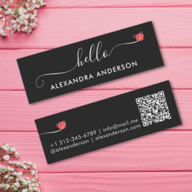 Minimal Modern Script Hello Heart QR Code Mini Business Card (Minimal Modern Script Hello Heart QR Code Mini Business Card)