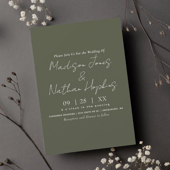 Minimal Modern Script Olive Green Wedding Invitation (Creator Uploaded)