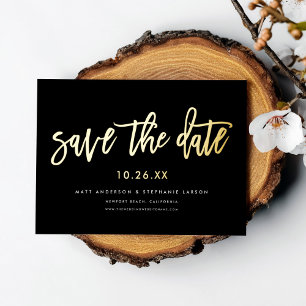 Minimal Modern Script Save The Date Black Gold
