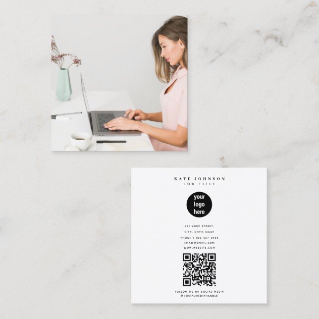 Minimal Modern Simple Business Logo Photo Square Business Card (Front/Back)