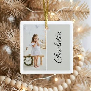 Minimal Modern Simple Script Kids Photo Keepsake Ceramic Ornament