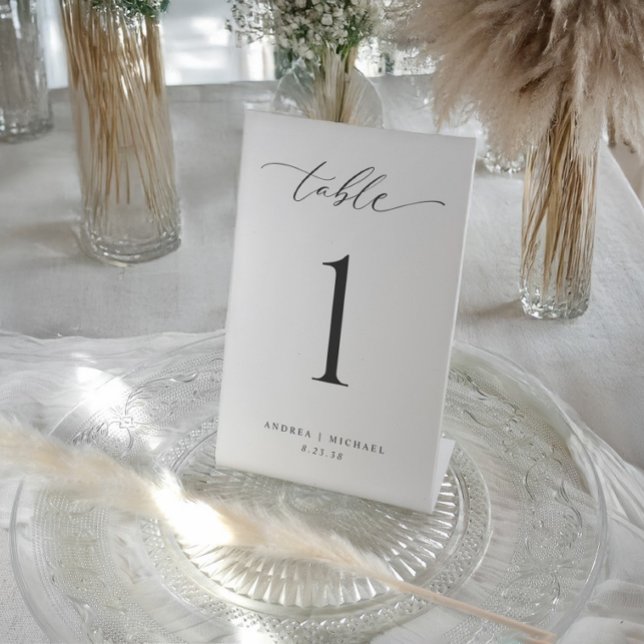Minimal Modern Simple Wedding Table Numbers 4x6 Pedestal Sign (Elegant black and white wedding table number with minimal design and calligraphy script.)