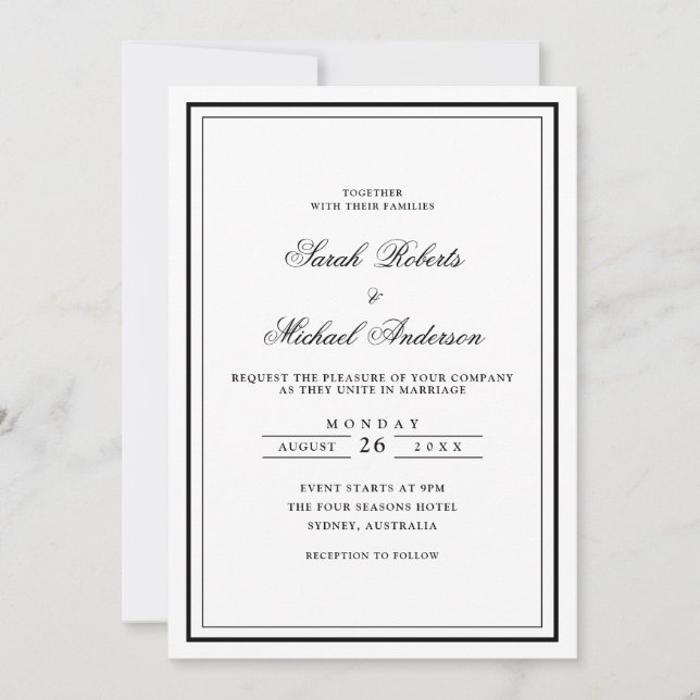 Minimal Modern Stylish Black Script Frame Wedding Invitation (Front)