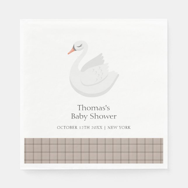 Minimal Modern Swan Plaid Gingham Boy Baby Shower  Napkin (Front)