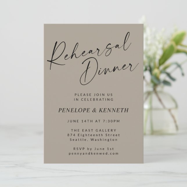 Minimal Modern Taupe Brown Script Rehearsal Dinner Invitation (Standing Front)