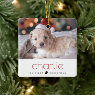 Minimal Modern Type Pet's First Christmas Photo Ceramic Ornament