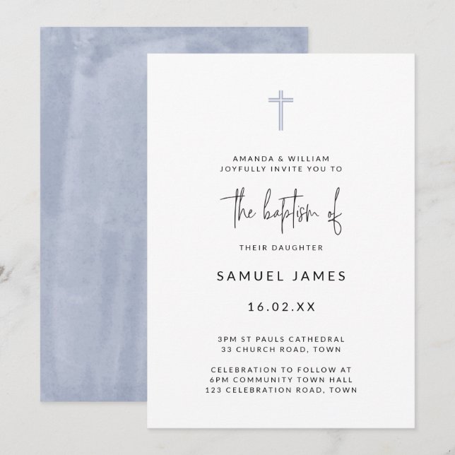 Minimal Modern Watercolor Handwritten Blue Baptism Invitation (Front/Back)