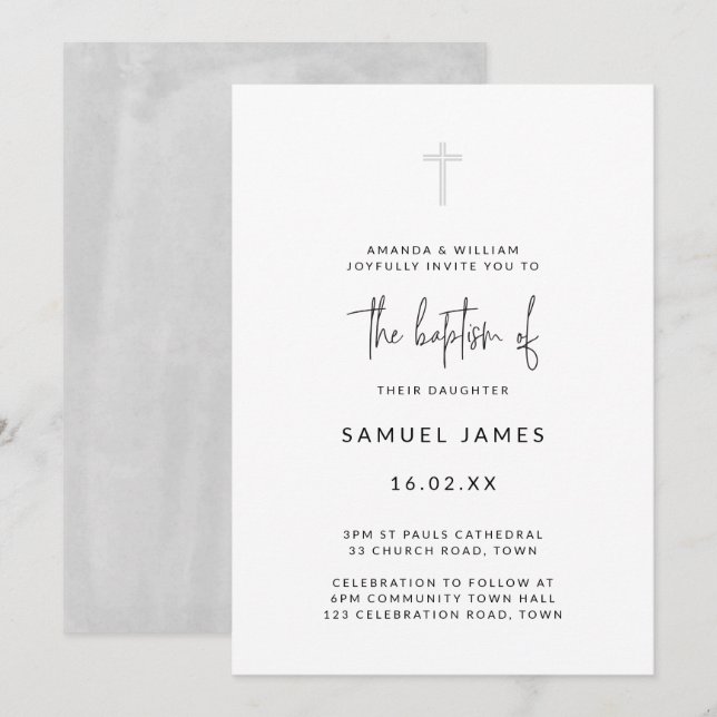 Minimal Modern Watercolor Handwritten Grey Baptism Invitation (Front/Back)