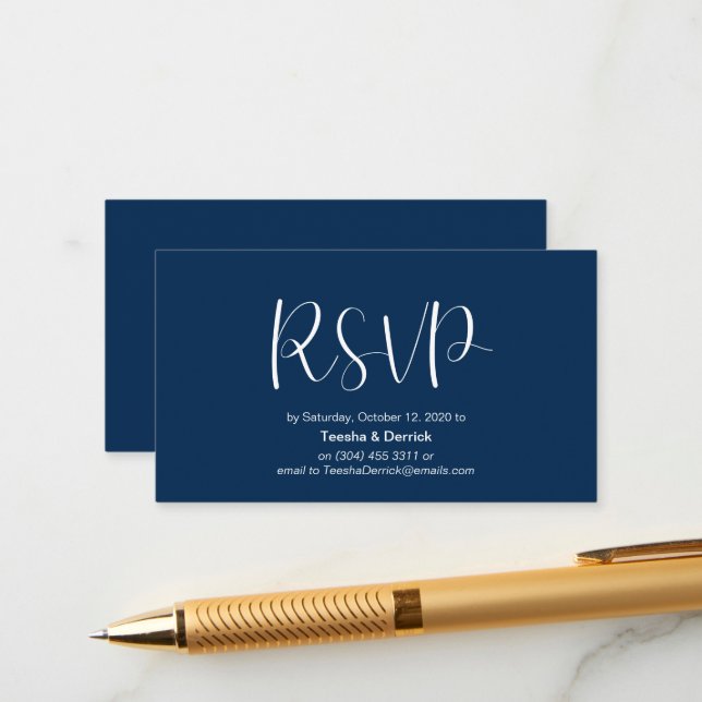 Minimal Modern, Wedding RSVP, respond, Navy Blue Enclosure Card (Front/Back In Situ)