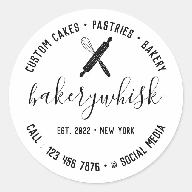 Minimal Modern White Elegant Bakery Chef Classic Round Sticker (Front)