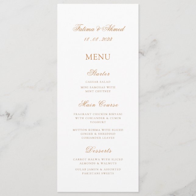 Minimal Modern White Gold Muslim Wedding Table Menu (Front)