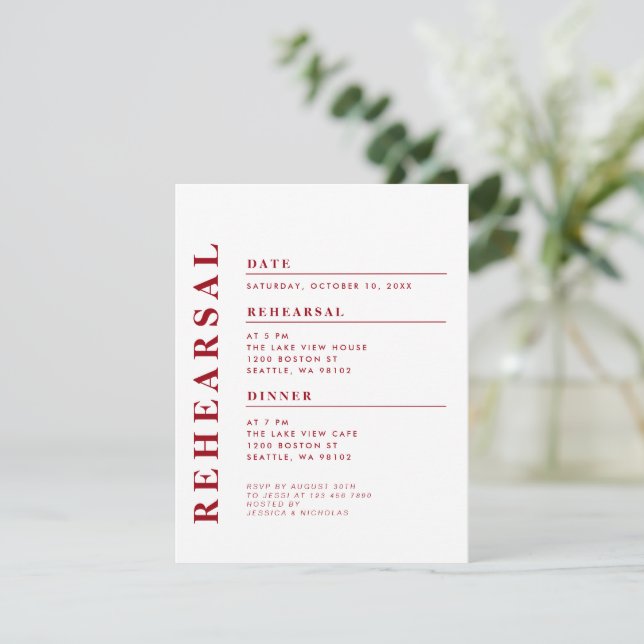 Minimal Modern White Red Rehearsal Dinner Elegant Invitation (Standing Front)