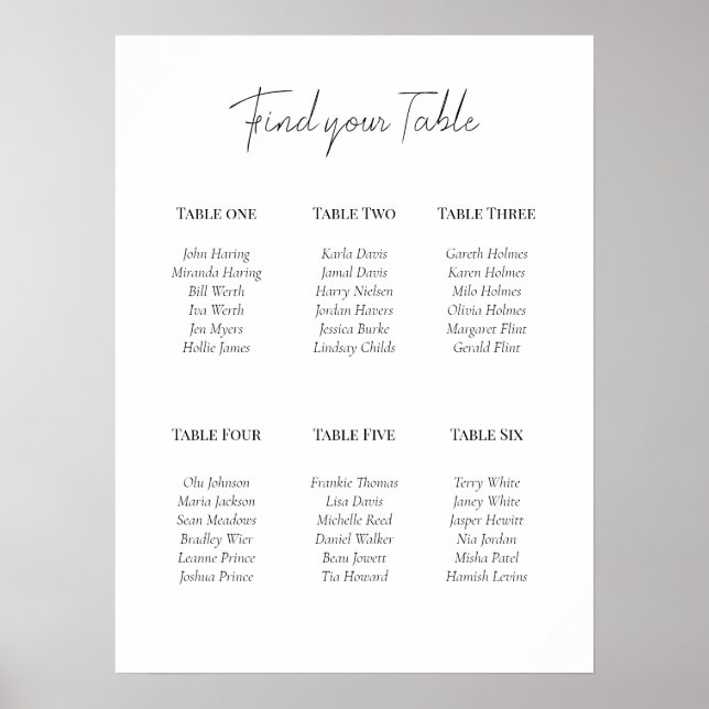 Minimal Monochrome Acrylic 6 Table Plan Poster (Front)