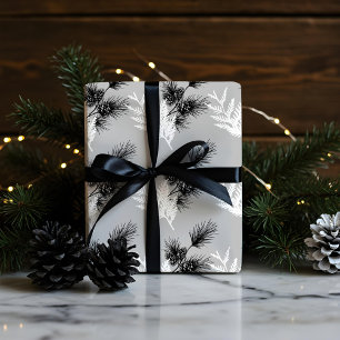 Minimal Monochrome Festive Cedar Leaf & Pinecones Wrapping Paper