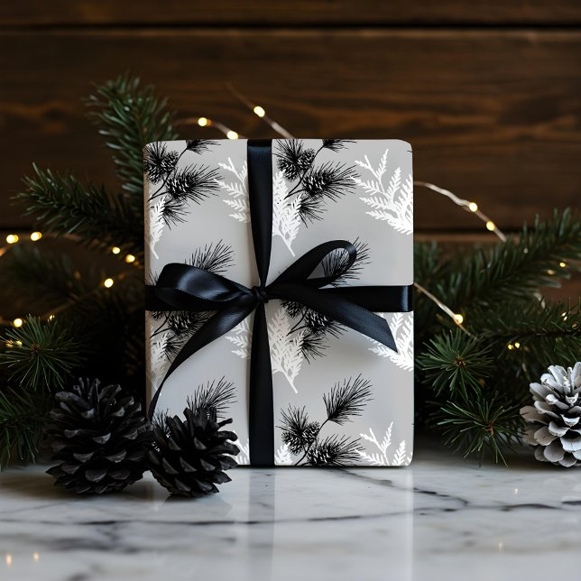 Minimal Monochrome Festive Cedar Leaf & Pinecones Wrapping Paper (Minimal Monochrome Festive Cedar Leaf & Pinecones Wrapping Paper)