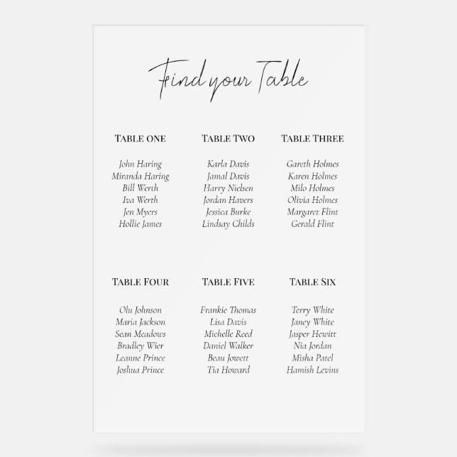 Minimal Monochrome Seat Plan Acrylic Sign (Front)