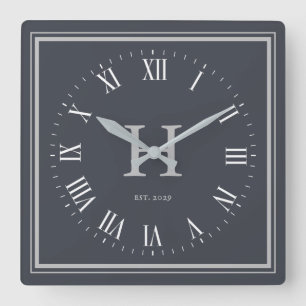 Minimal Monogram Anchor Grey   Silver Square Wall Clock