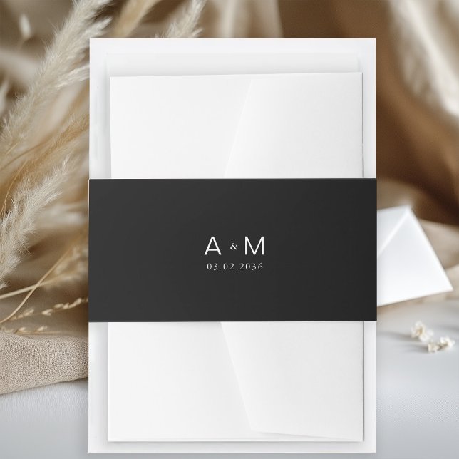 Minimal Monogram Black Invitation Belly Band (Minimal Monogram Black and White Invitation Belly Band with your monogram and date.)