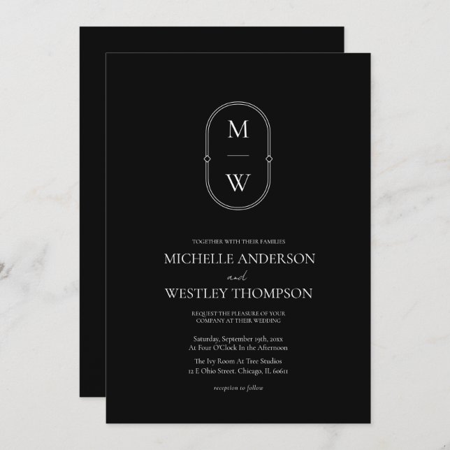 Minimal Monogram Black & White All in One Wedding Invitation (Front/Back)