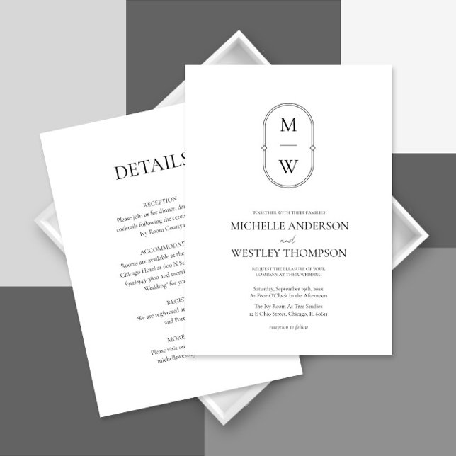 Minimal Monogram Black & White All in One Wedding Invitation (Creator Uploaded)