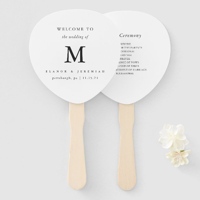 Minimal Monogram Black White Wedding Hand Fan (Front and Back)