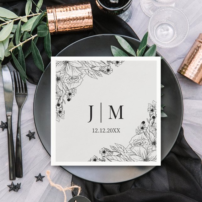 minimal monogram botanical grey wedding napkin (Creator Uploaded)