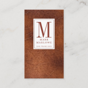 Minimal Monogram Chestnut Brown Leather Texture Business Card