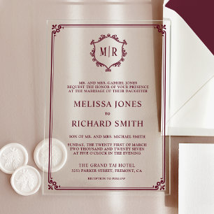 Minimal Monogram Crest Frame Burgundy Wedding Acrylic Invitations