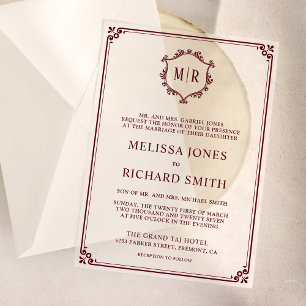 Minimal Monogram Crest Frame Burgundy Wedding Vellum Invitations