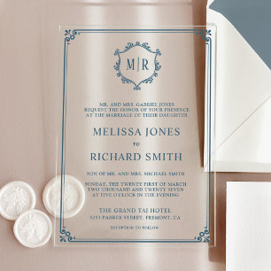 Minimal Monogram Crest Frame Dusty Blue Wedding Acrylic Invitations