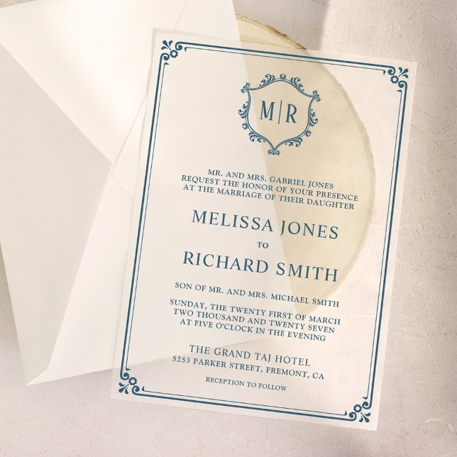 Minimal Monogram Crest Frame Dusty Blue Wedding Vellum Invitations (Creator Uploaded)
