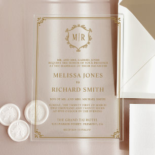 Minimal Monogram Crest Frame Gold Wedding Acrylic Invitations