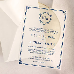 Minimal Monogram Crest Frame Navy Blue Wedding Vellum Invitations