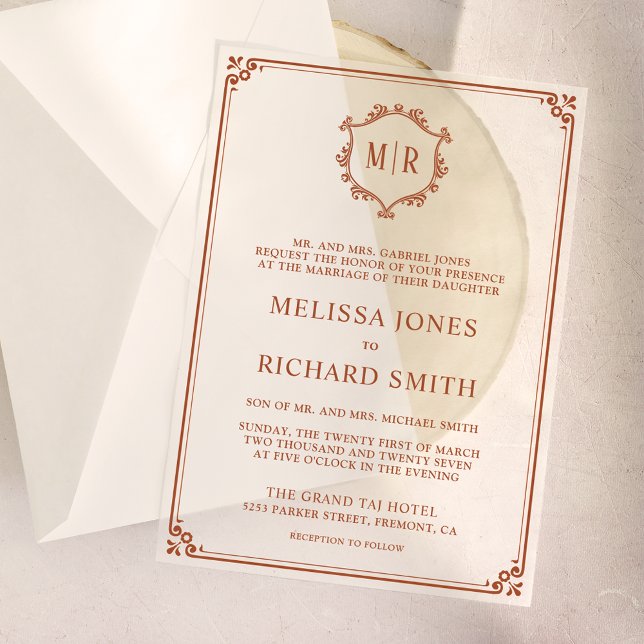 Minimal Monogram Crest Frame Terracotta Wedding Vellum Invitations (Creator Uploaded)
