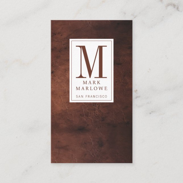 Minimal Monogram Dark Brown Leather Texture Business Card (Front)
