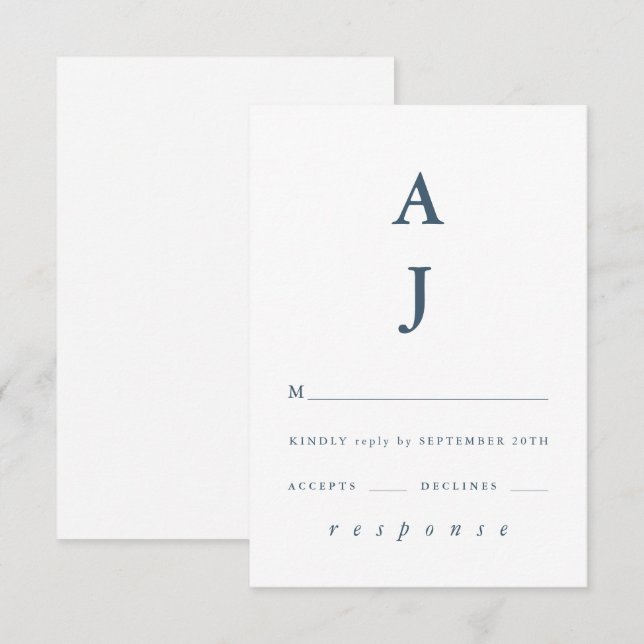 Minimal Monogram Dusty Blue Wedding RSVP Card (Front/Back)