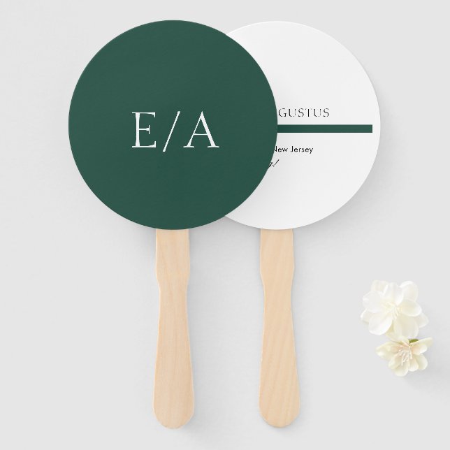 Minimal Monogram Elegant Emerald Green Wedding Hand Fan (Front and Back)