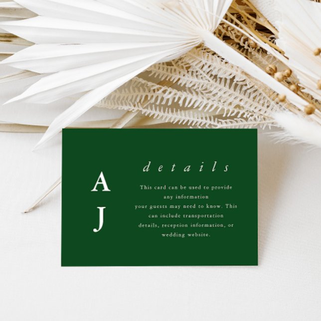 Minimal Monogram Emerald Green Wedding Detail Enclosure Card (Creator Uploaded)