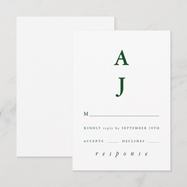 Minimal Monogram Emerald Green Wedding RSVP Card (Front/Back)