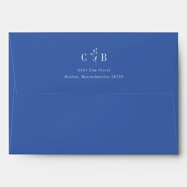 Minimal Monogram Floral Royal Blue Return Address Envelope (Back (Top Flap))